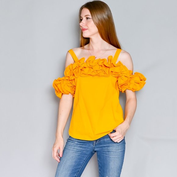 AMANDA UPRICHARD Joelle Marigold Cotton Ruffle Top NWT - Picture 6 of 6